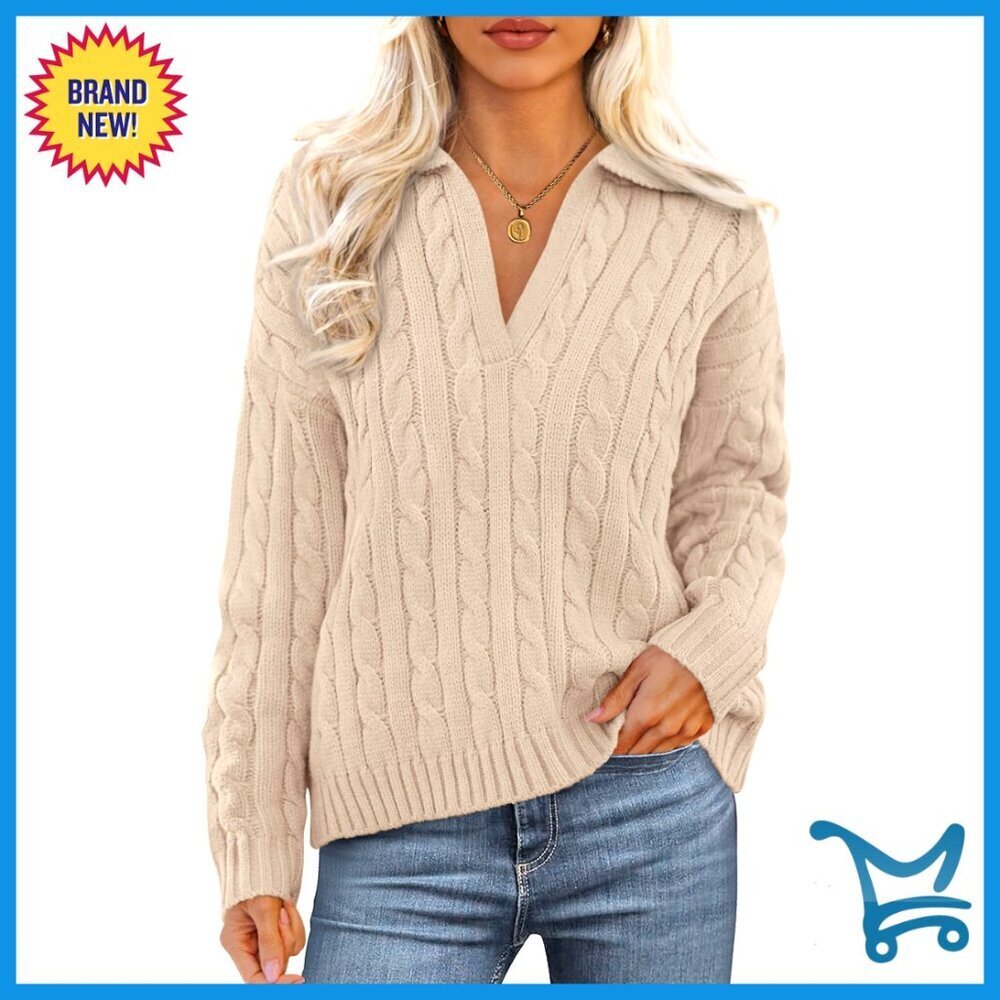 Oversized Cable Knit Sweater Polo V Neck Chunky Pullover Casual Chic